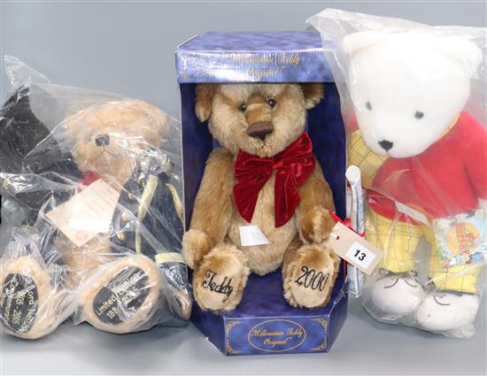 A Rupert bear, a Millennium bear, open box with certificate, and a Lord Nelson bear 1805-2005, certified